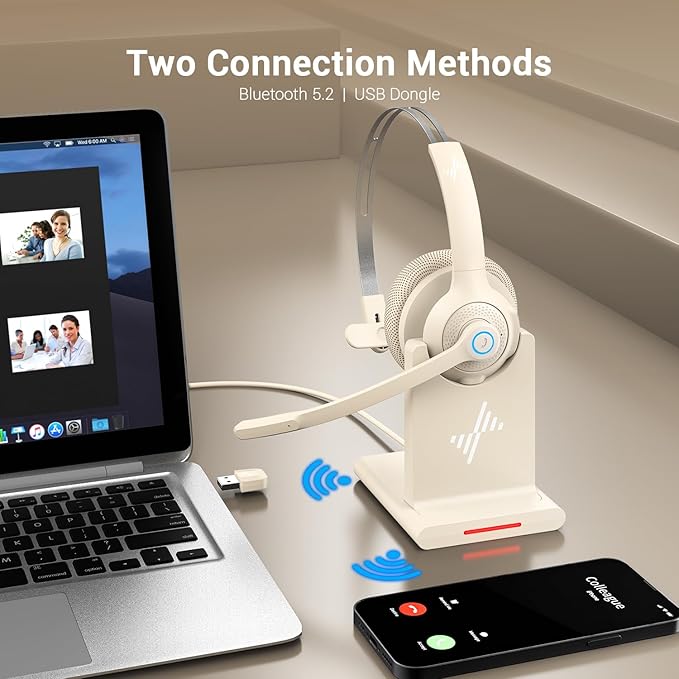 JIAMQISHI Bluetooth Headset - Wireless Headset with Noise Cancelling Microphone, V5.2 Computer Headphones with USB Dongle, Charging Base & Mic Mute for Work/Call Center/PC/Laptop/Online Class/Zoom