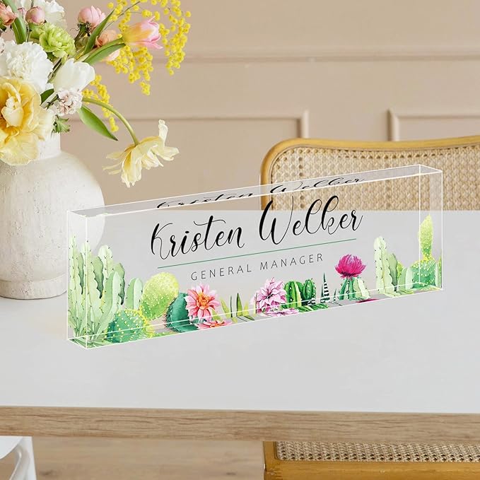 Personalized Office Name Plate for Desk, Custom Employee Appreciation Gifts, Acrylic Desk Name Plate Funny, Desk Decorations Gift, Acrylic Desk Ornaments (Style-Cactus)…