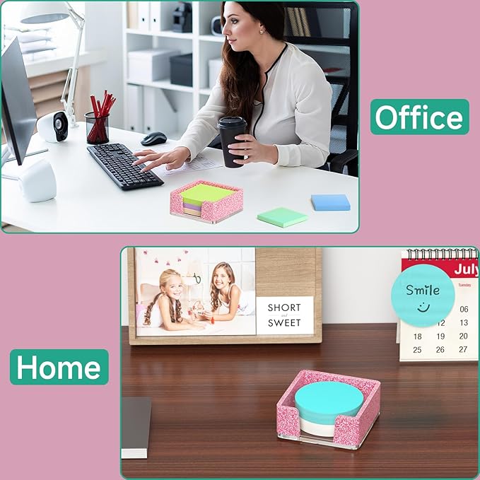 Sticky Note Holder, Glitter Pink Acrylic Notepad Holder 3x3 in Self-Stick Note Dispenser Office Desk Accessories, Memo Pad Holder Organizer for Classroom School Supplies