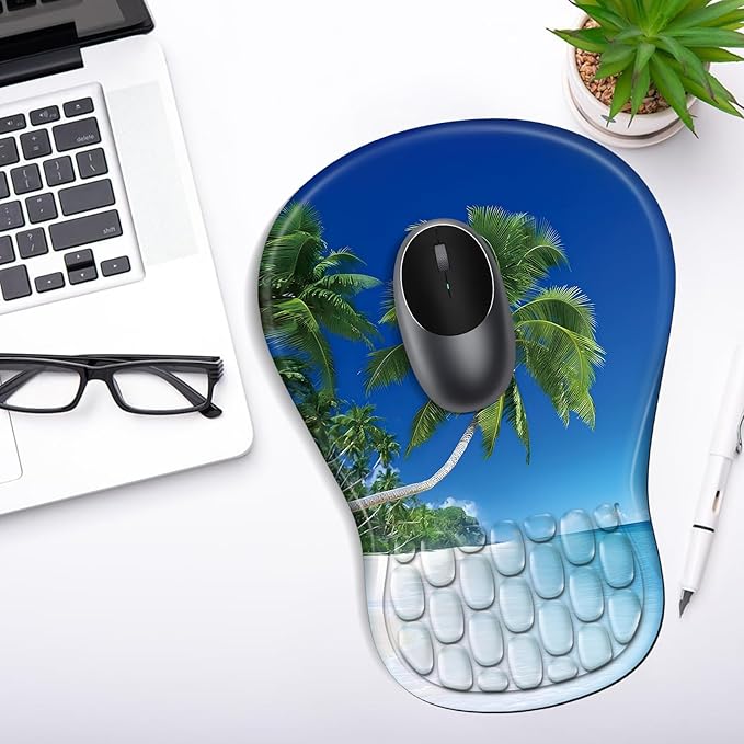 YIWEI Ergonomic Mouse Pad with Wrist Rest - Comfortable Office Mousepad with Memory Foam Wrist Support for Carpal Tunnel Relief, Mouse Pads with Non-Slip Base for Gaming and Home (Beach-3)