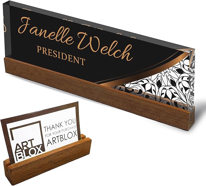 Artblox Personalized Office Desk Name Plate and Business Card Holder | Clear Acrylic Glass with Teak Wood Stand | Profesional Design Customized with Your Name and Credentials Office Desk Decor