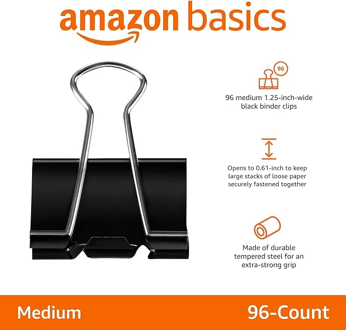 Amazon Basics Sturdy Binder Clips for Office Use, 96 Count (96 Pack of 12), Medium, 1.25 in, Black