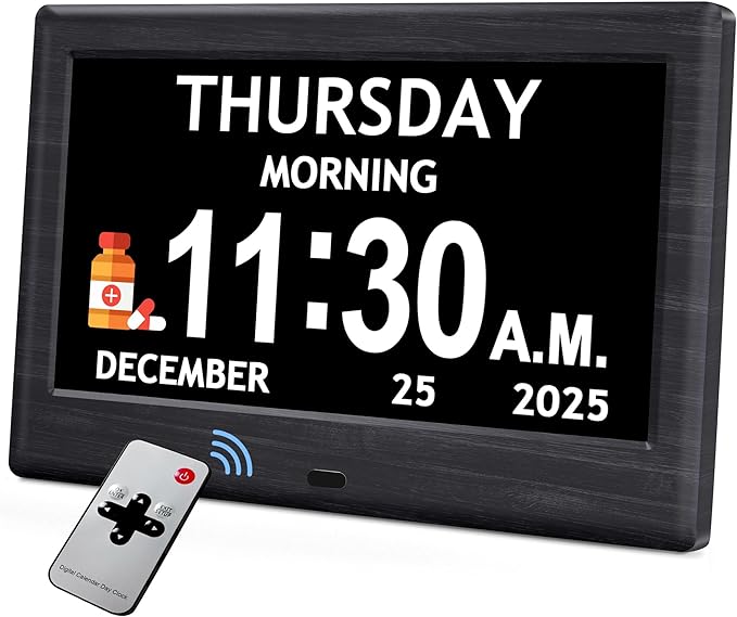 7'' Dementia Clock For Seniors, Large Display Digital Clock With Date, Time, Day Of Week for Elderly, Alzheimer, 1024*600P HD, 10 Reminders & 7 Alarms, Auto Dimming & DST, Remote Control, Woodgrain