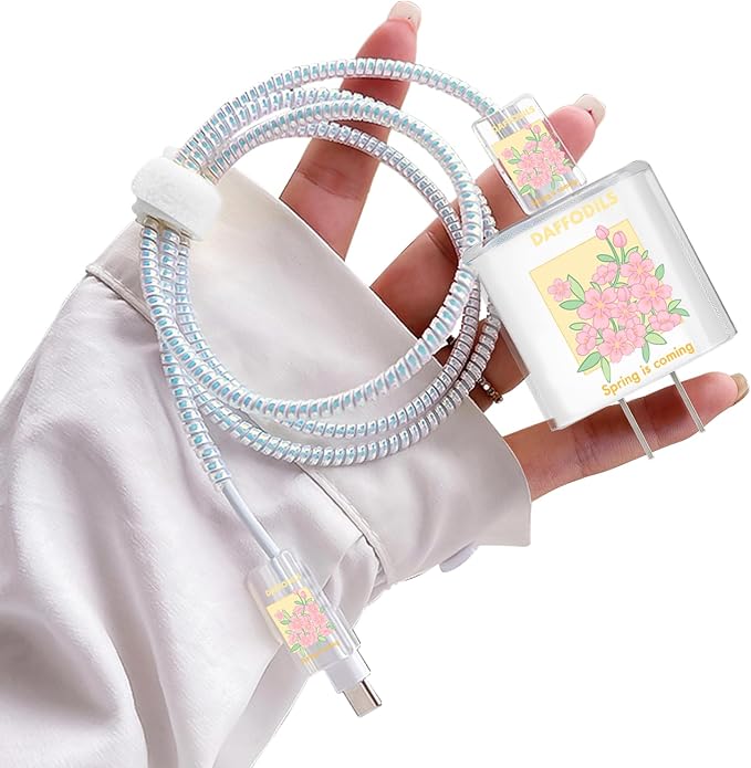 Flowers DIY Cable Protector for iPhone Adapter Charger,Cute Peach Blossom Design Transparent Data Line Cable Case, Phone Charging Protector for Apple Charger Cover