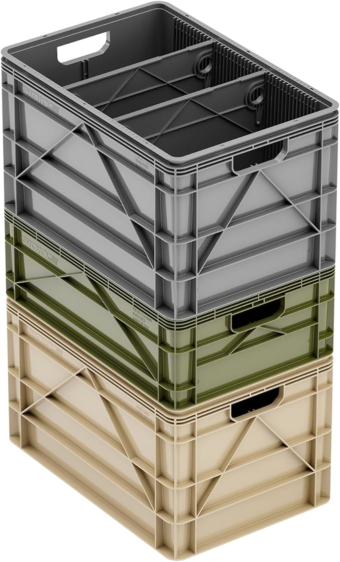 SIDIO Crate Basic Pack - 2 Full-Size & 1 Half-Size Heavy Duty Stackable Storage Bins, Totes, Containers with Dividers - Durable Organizer for Home, Office, Garage, and Outdoor Use, Camo Variety Pack