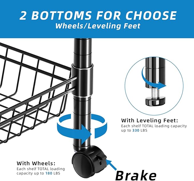 3 Tier Rolling Cart Service Cart Wire Basket Shelf Storage Trolley Shelf 2 Bottoms for Choose(Castor or Leveling Feet) for Office,Kitchen,Black(23.23" L x 13.11" W x 32.28" H)