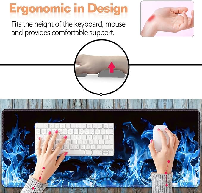 Ergonomic Keyboard Wrist Rest and Mouse Pad Wrist Rest Set, Large XXL Gaming Mousepad 31.5"x 11.8", Memory Foam, Easy Typing Pain Relief, Multifunctional Desk Mat for Office & Home, Blue Flame