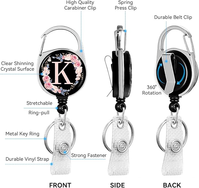 2 Pack A-Z Letter ID Badge Holder with Clip Badge Reels Retractable Heavy Duty,Keychain，ID Holder for School Nurse Office K