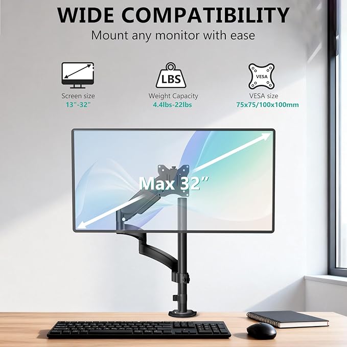 WALI Single Long Monitor Arm - 13 to 32 inch Computer Monitor Arm Desk Mount, Hold up to 19.8lbs, Extra Long Adjustable Stand, Full Motion Tall Arm, VESA 75/100mm, (GSDM001L)
