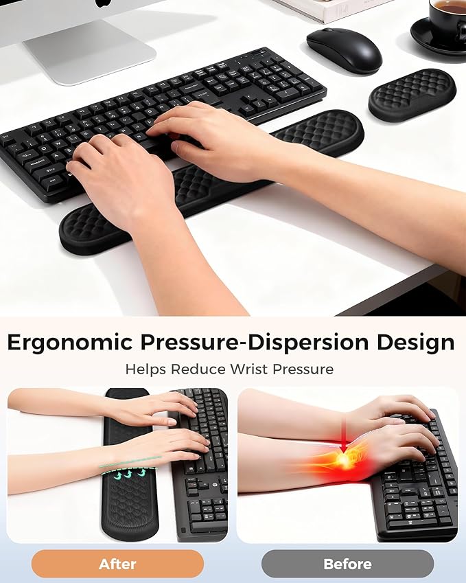 Wrist Rest Set for Keyboard and Mouse, Ergonomic Wrist Support with Soft Memory Foam, Silky Lycra Cover, Non-Slip Base, Helps Reduce Wrist Pressure and Fatigue During Long Typing and Gaming Sessions