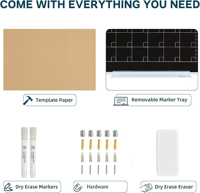 J&J worldwide Magnetic Whiteboard Calendar, 3' x 2' Blsck Glass Wall Calendar Dry Erase Board Monthly Planner for Home, School, Office, Frameless, with Markers, Marker Tray, Eraser, Magnets