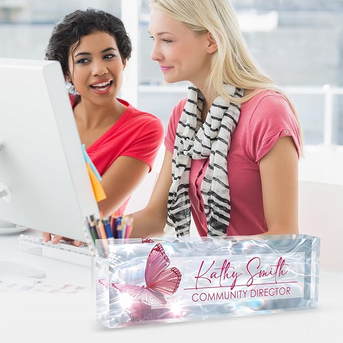 Desk Name Plate Personalized Name Plate for Desk, Office Desk Decor, 3D Style Personalized Plaque Name Plates for Desks Custom Appreciation Gifts for Boss Lady Employee Coworkers (Shiny Butterfly)