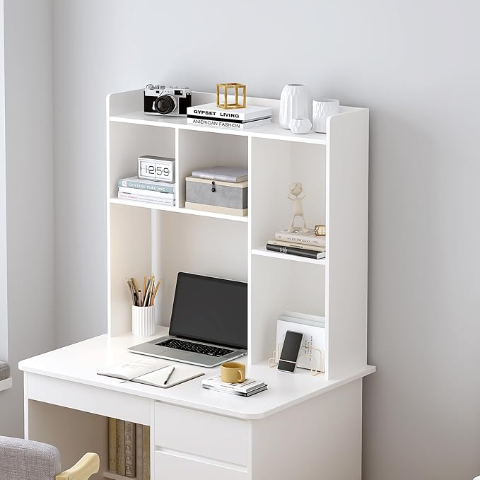 Wooden Desktop Hutch Bookshelf - Free Standing Desk Storage Shelf with Top Edge for Computer Desk, Desktop Bookcase for Dorm, Home or Office, Countertop Organizer, White, 37.4"