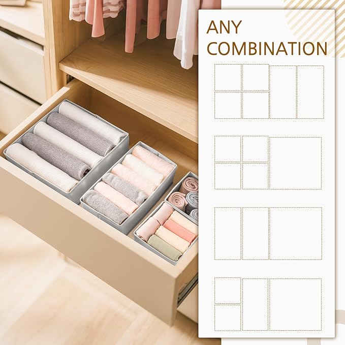 Criusia 15 Pack Drawer Organizer for Clothes, Foldable Dresser Dividers with 3 Sizes, Fabric Storage Bins – Gray