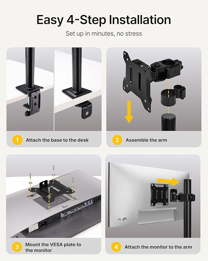 monTEK Single Monitor Stand, Stable Monitor Arm for 17-32 inch& 22lbs Capacity Screen, Height Adjustable Desk Mount with C Clamp and Grommet Base, VESA 75 * 75MM/ 100 * 100MM