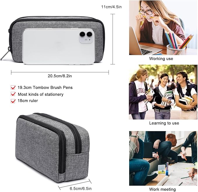 Della Gao Big Capacity Pencil Pen Case Nylon Large Pencil Pouch Simple Stationery Bag Office Organizer Pen Bag for Men Women - Grey