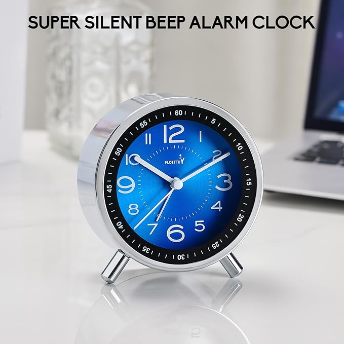 Super Silent Metal Alarm Clock,Beep Wake Round Alarm Clock with Strip Night Light,Battery Operated,Easy Set,Simple & Retro for Desk, Bedroom and Home Decoration(Royal Blue)