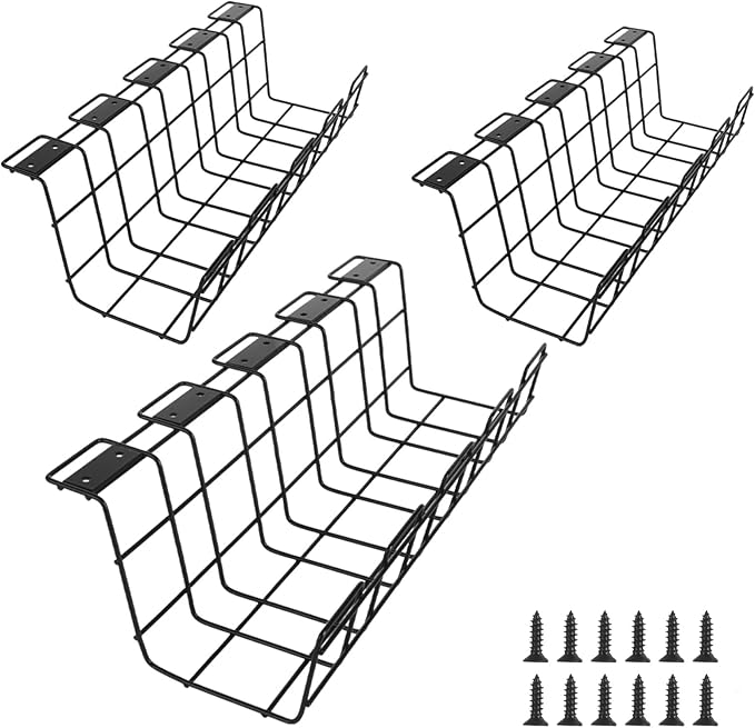 3 Pack Under Desk Cable Management Tray Metal Cord Cable Management Under Desk for Office Studio and Home Easy Install Pre-drilled Wire Organizer