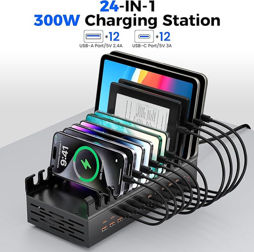300W USB Charging Station for Multiple Devices, 24 Port USB C Fast Charging Station, Multi Device Charger Station Organizer Compatible with Tablet, Laptop, Cellphone, iPhone, iPad and More