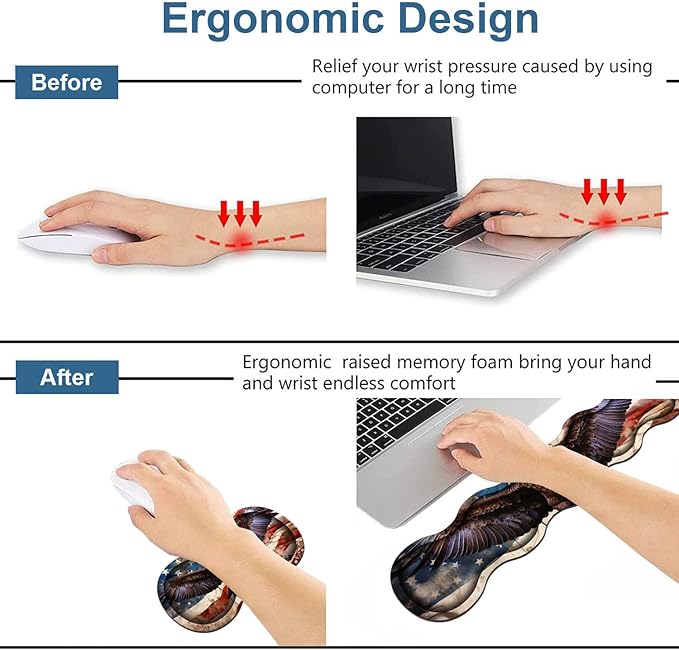 Ergonomic Keyboard Wrist Rest & Mouse Pad Wrist Rest Set,Large XXL Gaming Desk Mat 31.5"x 11.8" with Memory Foam,Easy Typing Pain Relief for Office & Home,Vintage USA Flag American Patriotic Eagle