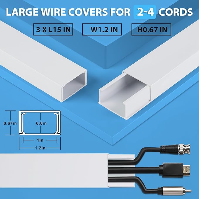 ZhiYo Cord Hider Wall 45in(3X L15in), Self-Adhesive Cable Hider for 2-4 Cords, Large Wire Cover Hide Cords Wall Mounted TV, Cable Raceway White, W1.2in H0.7in
