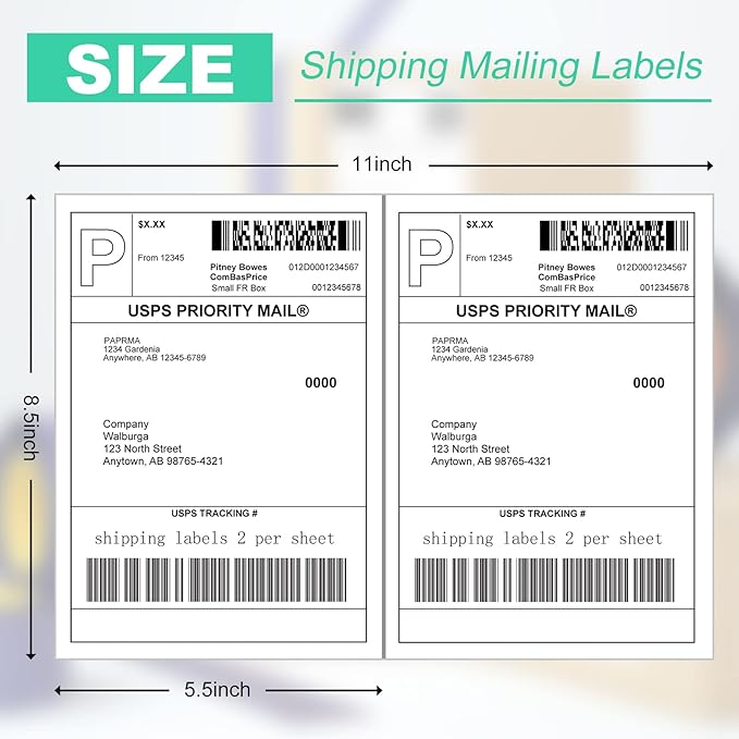 PAPRMA Half Sheet 8.5x5.5inch Shipping Mailing Label 1000 Counts, 2 Labels Per Sheet 8.5 x 11 for Laser & Inkjet Printer, Permanent Adhesive Label Square Corner (500 Sheets)