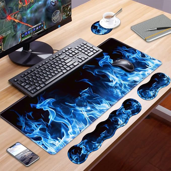 Ergonomic Keyboard Wrist Rest and Mouse Pad Wrist Rest Set, Large XXL Gaming Mousepad 31.5"x 11.8", Memory Foam, Easy Typing Pain Relief, Multifunctional Desk Mat for Office & Home, Blue Flame