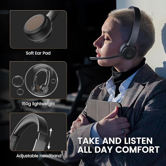 EKSA H16 Wireless Headset with AI Noise Cancelling Microphone, Bluetooth V5.2 Headphones with 2.4G USB Dongle & Mic Mute, 55Hours Playtime for Computer/Laptop/PC