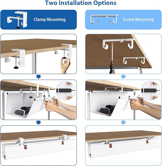 Zilink Large Cable Management Under Desk 40" No Drill Desk Cable Management Clamp/Screw Mount Fabric Cable Tray Sturdy Waterproof Cable Organizer for Office, Home, White