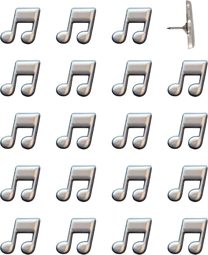 Music Note Push Pins - Silver Musical Note Map Pins for Cork Boards, Maps, or Lapel Use - Designed in USA - Set of 20