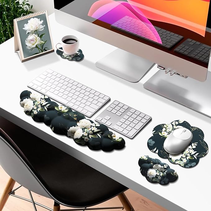 JIKIOU Cloud Wrist Rest Keyboard, Cloud Keyboard Wrist Pad Set with Comfortable Cloth, Cute Arm Rest for Palm Support, PC/Gaming Desk Accessories/Office Setup/Computer Hand Cushion Peony