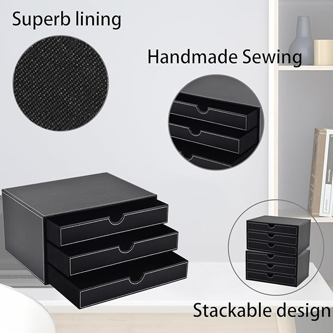 PU Leather Desk Organizer with 3 Drawers,Executive Office Supplies Desktop Filing A4 File Cabinet/Holder for Jewelry/Bill/Paper/Documents/Makeup Home Decor Stationery Storage Box,Black