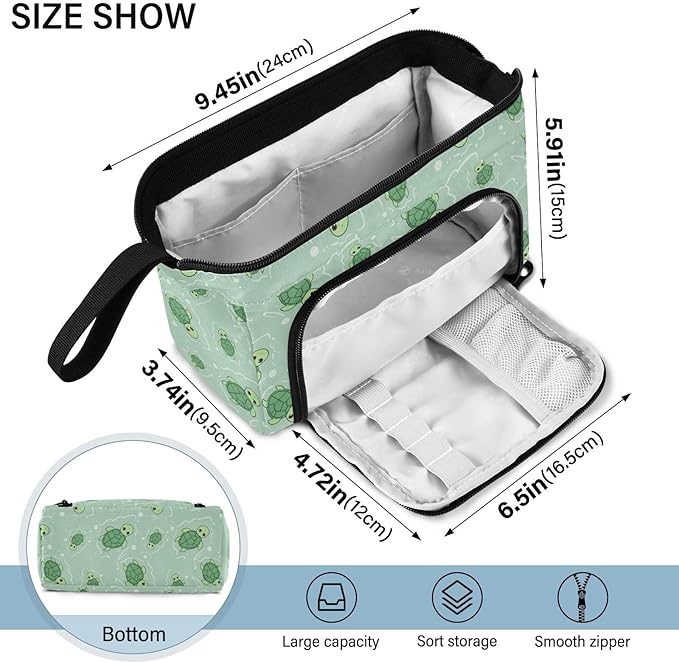 Cute Turtle Green Pencil Case Pouch Big Capacity Pencil Bag Box Organizer Pen Case with Handle Pencil Cases for Girls Boys Women School College Office