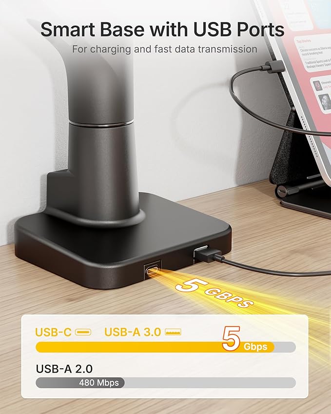 monTEK Single Monitor Arm with USB A/C, Ultrawide Monitor Stand for 17 to 57 Inch Curved Screen, Holds 59.4 lbs, Adjustable Gas Spring Arm, 75/100 VESA Mount, Clamp & Grommet Desk Mount, Black