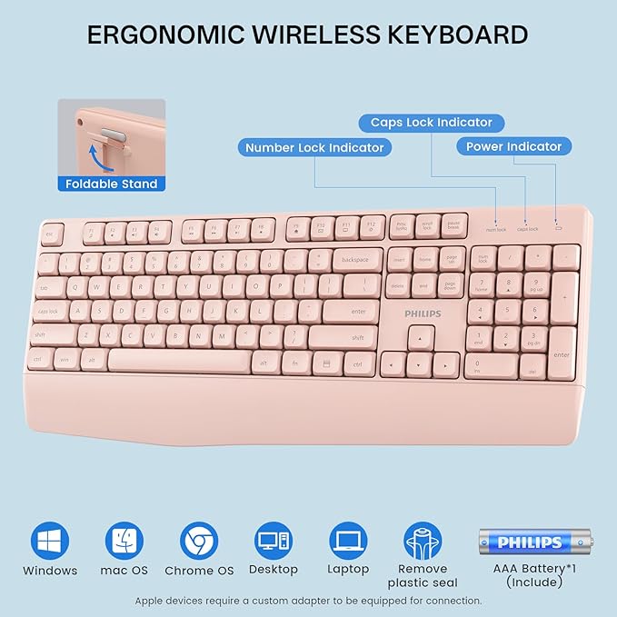 PHILIPS Wireless Keyboard and Mouse Combo-Ergonomic Keyboard and Mouse Wireless Combo with Silent Design,Plug n' Play,Sleep Mode and 2.4GHz Keyboard for Mac, Windows, Laptop-Pink