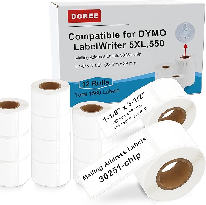 DOREE 12-Roll 1-1/8" x 3-1/2" Mailing Address Labels 30251 with chip,Compatible with LabelWriter 550 5XL 450 4XL Label Printers.(30251-chip LabelWriter Address Labels,White, 12-Rolls Total 1560)