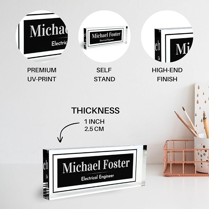 Customized Clear Acrylic Thick 8x3" Desk Name Plate Block with Personalized Logo - Professional Office Decor - Customized Acrylic Plate Gift for Teacher Co-workers, Christmas Gifts for Her, Thanksgiving Gifts (Elegant Charcoal)