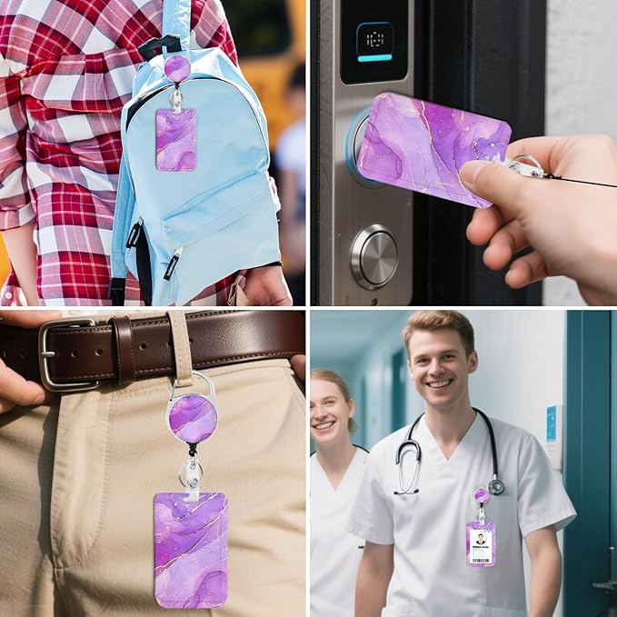 2 Pack Marble ID Badge Holder with Heavy Duty Retractable Reel Keychain for WomenStudents,Teachers, Nurses, Office Use 3