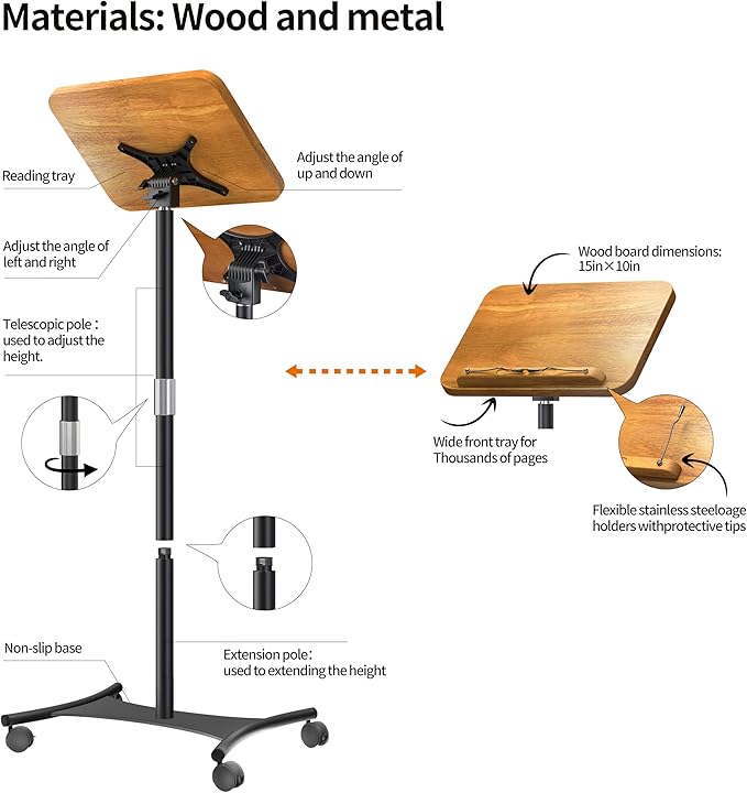 NAMON Rolling Floor Book Stand for Reading, 100% Solid Wood, Height Adjustable from 16.5" to 51", Floor Reading Stand with 4 Lockable Casters & Page Clip for Cookbooks, Textbooks (Without T-Shaped)