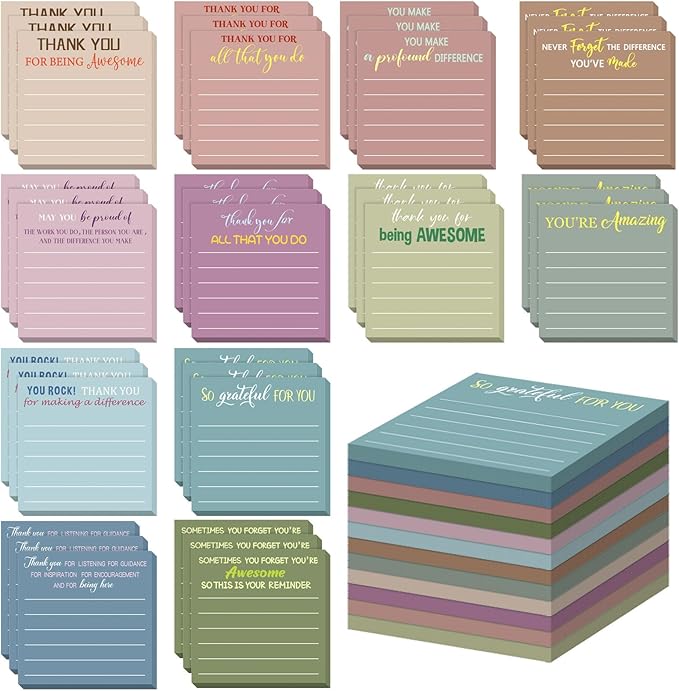 Yinder 48 Pcs Employee Appreciation Sticky Notes New Year Gift Bulk Motivation Sticky Note Pads Inspirational Gift for Teacher Nurse Staff Coworker Office Supply 3 x 3'' (Appreciation,Morandi)