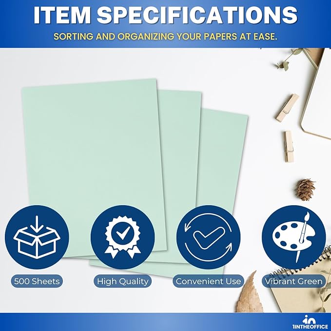 1InTheOffice Colored Copy Paper, Green Copy Printing Paper 8.5 x 11, Letter Size, Green, 20lb Density, (500 Sheets)