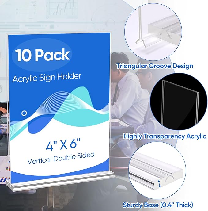 10 Pack Acrylic Sign Holder 4 x 6, Clear Double Side T Shape Acrylic Table Sign Stands for Displaying, Flyer Holder Paper Card Holder for Office Business Store Mall Restaurants