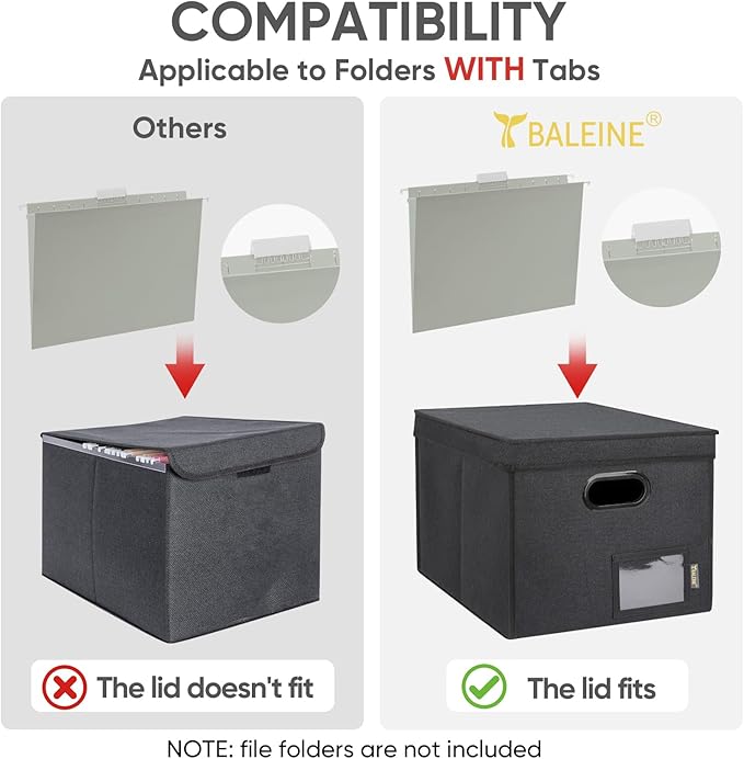 BALEINE File Organizer Box with Lid, Collapsible File Folder Organizer with Plastic Slide, Hanging File Folder Box for Office Document Storage (Tab Friendly, 1 Pack, Black)