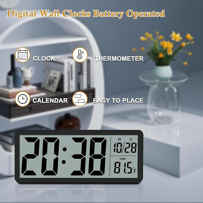 Digital LCD Wall Clock Easy to Set, 8.5 Inch LCD Screen with Time/Date/Temperature Display,Simple Digital Desk Clock with 12/24H for Bedroom Living Room Office Décor
