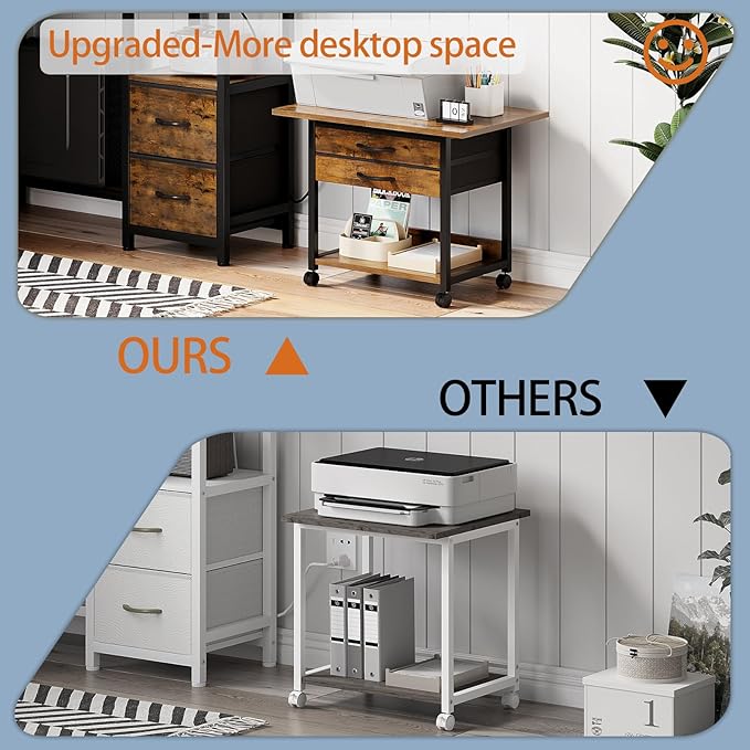 Large Printer Stand with Storage Fabric Drawer Under Desk Printer Table with Wheels for Home Office, Printer Cart fit Fax Machine Scanner 23.4"x15.7"(Rustic Brown, 2 Tiers)