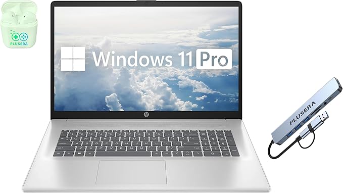 HP 17.3" FHD Business & Student Laptop Computer, 32GB RAM 1.5TB Storage (1TB SSD+512GB Docking Station Set), 6-Cores AMD Ryzen 5 Processor, Windows 11, Numeric Keypad, PLUSERA Earphones, Silver