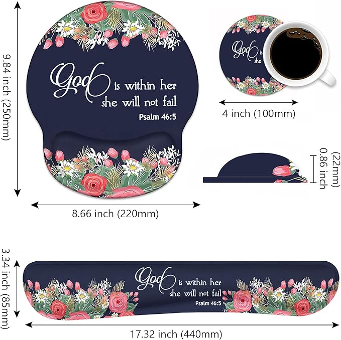 Keyboard Wrist Rest and Mouse Pad Wrist Rest Support Set, Non-Slip PU Base for Gaming and Office, Comfortable & Lightweight for Easy Typing & Pain Relief, Floral Quote Bible Verses Psalm 46:5