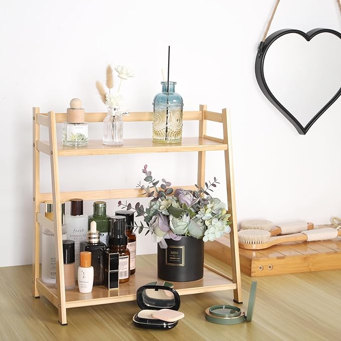 2-Tier Ladder Desktop Bookshelf, 15.75" Wide Wooden Countertop Storage Hutch for Office, Dorm and Home, Desk Organizer for Books and Decor