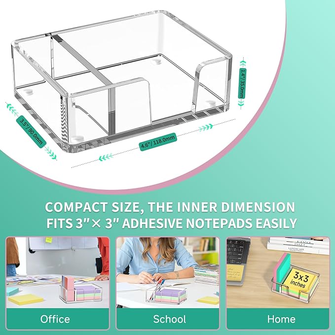 Sticky Note Holder with Pen Slot, Crystal Clear Acrylic Notepad Holder 3x3 in Self-Stick Note Dispenser Office Desk Accessories, Memo Pad Holder Organizer for Classroom School Supplies