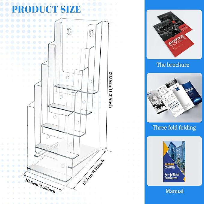 2 Pack Acrylic Brochure Holder 5 Tier Clear Brochure Display Flyer Holder 4.2"x11.3" inch Rack Brochure Holder Suitable for 4"x9" Brochures,Magazine Holder,Flyer Holder (2)